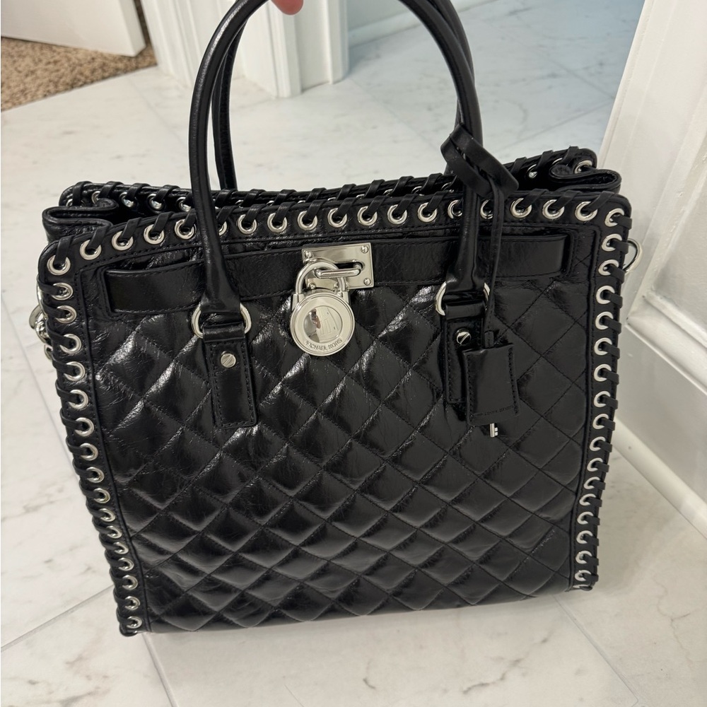 Michael Kors Hamilton Quilted Satchel Shoulder Bag Black Leather